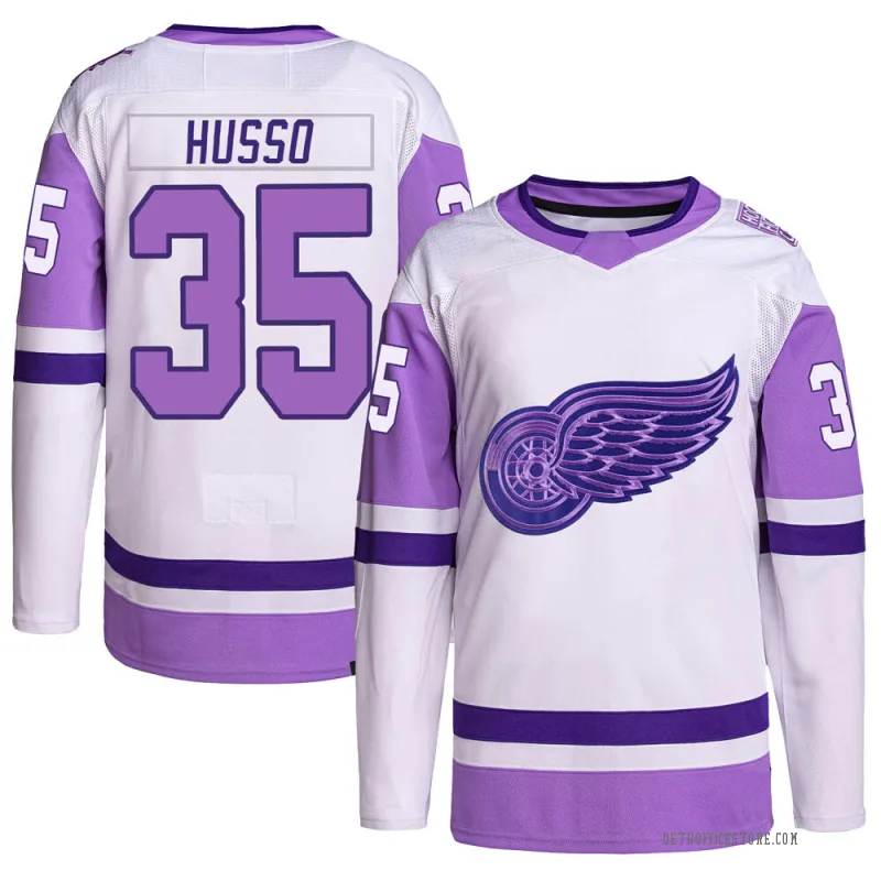 White/Purple Men's Ville Husso Detroit Red Wings Authentic Hockey Fights Cancer Primegreen Jersey